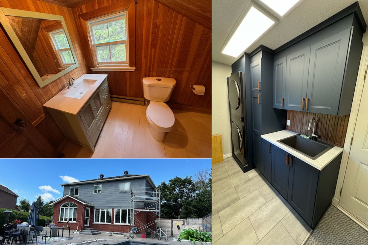 A refinished bathroom, laundry room and house exterior